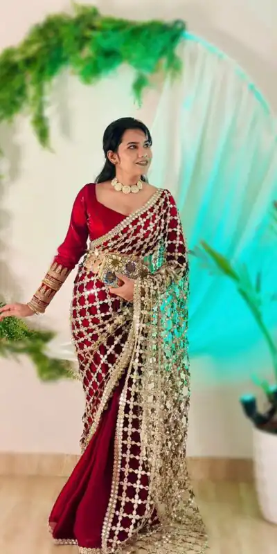 SRK 5322 Red Fendy Silk Saree with Lace Work & Mirror Work. Wedding, Party, Festive, Events, Festive Deal ₹2499. Delivery 4-6 Working Days. Shop now. | Bollywood Sarees, Creative Sarees, Designer Sarees, Embroidered Sarees, Ethnic Saree, Modern Digital sarees, Party Wear Sarees, Sarees