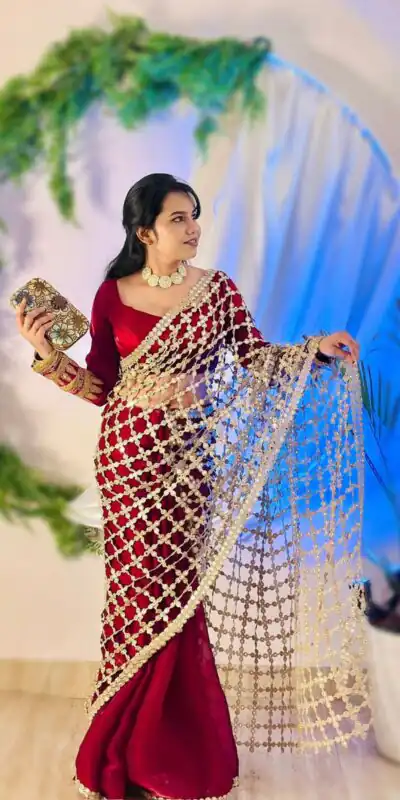 SRK 5322 Red Fendy Silk Saree with Lace Work & Mirror Work. Wedding, Party, Festive, Events, Festive Deal ₹2499. Delivery 4-6 Working Days. Shop now. | Bollywood Sarees, Creative Sarees, Designer Sarees, Embroidered Sarees, Ethnic Saree, Modern Digital sarees, Party Wear Sarees, Sarees