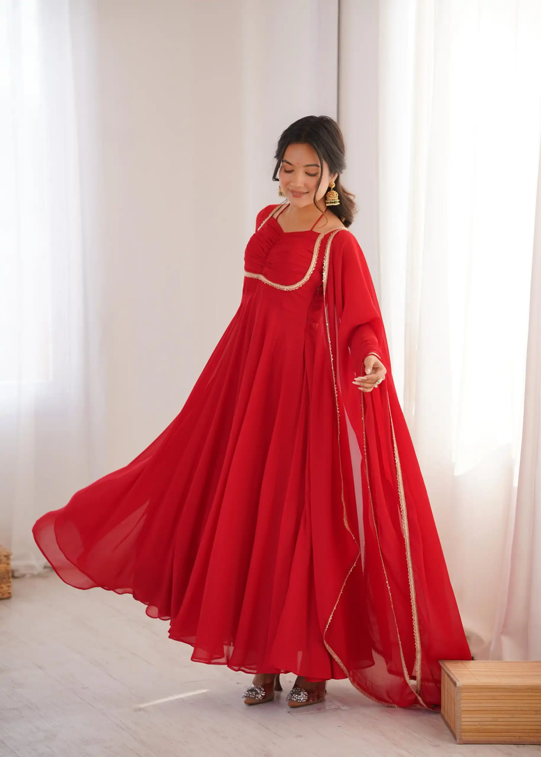 KB 291 Red Color Fox Blooming Georgette Gown with Lace Work. Affordable Price ₹1899. Delivery 4-6 Working Days. Shop now. | Bollywood Gowns, Creative Gowns, Designer Gowns, Embroidered Gowns, Gowns, Party Wear Gowns