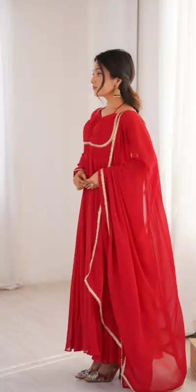 KB 291 Red Color Fox Blooming Georgette Gown with Lace Work. Affordable Price ₹1899. Delivery 4-6 Working Days. Shop now. | Bollywood Gowns, Creative Gowns, Designer Gowns, Embroidered Gowns, Gowns, Party Wear Gowns