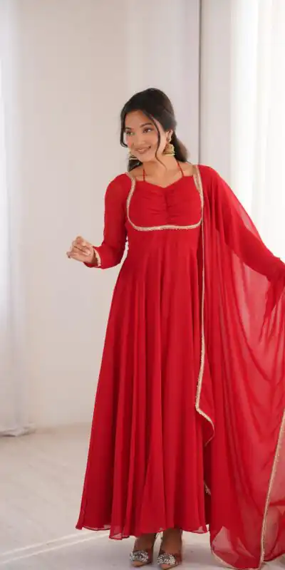 KB 291 Red Color Fox Blooming Georgette Gown with Lace Work. Affordable Price ₹1899. Delivery 4-6 Working Days. Shop now. | Bollywood Gowns, Creative Gowns, Designer Gowns, Embroidered Gowns, Gowns, Party Wear Gowns