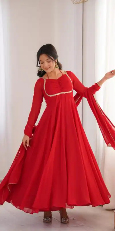 KB 291 Red Color Fox Blooming Georgette Gown with Lace Work. Affordable Price ₹1899. Delivery 4-6 Working Days. Shop now. | Bollywood Gowns, Creative Gowns, Designer Gowns, Embroidered Gowns, Gowns, Party Wear Gowns