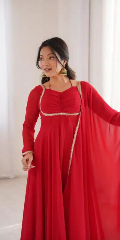 KB 291 Red Color Fox Blooming Georgette Gown with Lace Work. Affordable Price ₹1899. Delivery 4-6 Working Days. Shop now. | Bollywood Gowns, Creative Gowns, Designer Gowns, Embroidered Gowns, Gowns, Party Wear Gowns