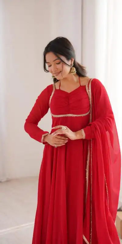 KB 291 Red Color Fox Blooming Georgette Gown with Lace Work. Affordable Price ₹1899. Delivery 4-6 Working Days. Shop now. | Bollywood Gowns, Creative Gowns, Designer Gowns, Embroidered Gowns, Gowns, Party Wear Gowns