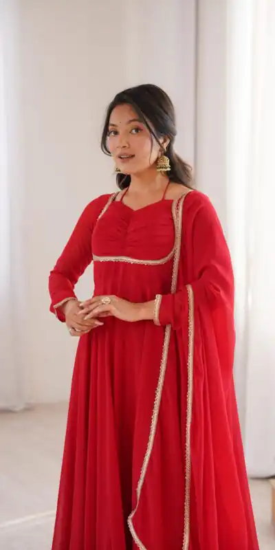 KB 291 Red Color Fox Blooming Georgette Gown with Lace Work. Affordable Price ₹1899. Delivery 4-6 Working Days. Shop now. | Bollywood Gowns, Creative Gowns, Designer Gowns, Embroidered Gowns, Gowns, Party Wear Gowns