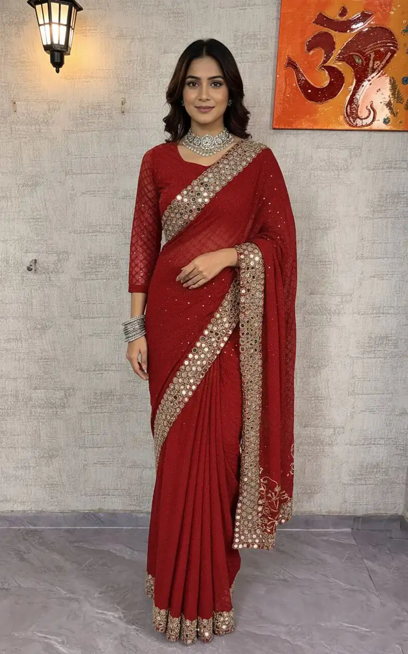 BD 1811 Red in Faux Georgette Mirror Work & Embroidery Work Saree . Exclusive Offer ₹2049. Delivery 4-6 Working Days. Shop now. | Bollywood Sarees, Creative Sarees, Designer Sarees, Embroidered Sarees, Ethnic Saree, Modern Digital sarees, Party Wear Sarees, Sarees