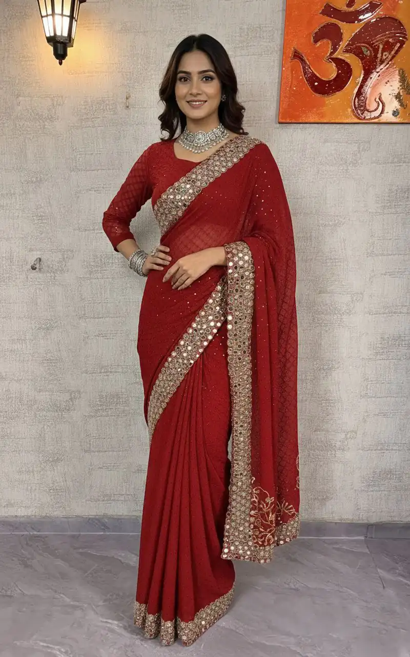 BD 1811 Red in Faux Georgette Mirror Work & Embroidery Work Saree . Exclusive Offer ₹2049. Delivery 4-6 Working Days. Shop now. | Bollywood Sarees, Creative Sarees, Designer Sarees, Embroidered Sarees, Ethnic Saree, Modern Digital sarees, Party Wear Sarees, Sarees