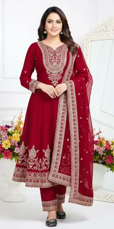 KF-1715 Red in Faux Georgette Embroidery Work & Lace Work Salwar Suit . Get it for ₹2399. Delivery 4-6 Working Days. Shop now. | Jump Suits, Straight Suits, Tops & Bottoms, Track Suits, Trendy Wear, Casual Suits, Creative suits, Designer Suits, Palazzo Suits, Party Wear Suits, Patiala Suits, Salwar suit