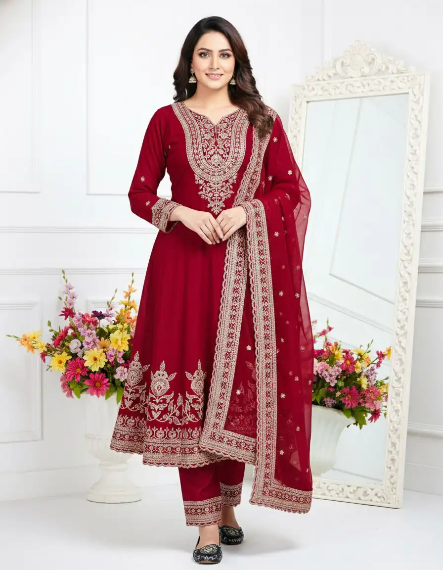 KF-1715 Red in Faux Georgette Embroidery Work & Lace Work Salwar Suit . Get it for ₹2399. Delivery 4-6 Working Days. Shop now. | Jump Suits, Straight Suits, Tops & Bottoms, Track Suits, Trendy Wear, Casual Suits, Creative suits, Designer Suits, Palazzo Suits, Party Wear Suits, Patiala Suits, Salwar suit