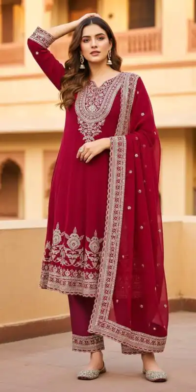 KF-1715 Red in Faux Georgette Embroidery Work & Lace Work Salwar Suit . Get it for ₹2399. Delivery 4-6 Working Days. Shop now. | Jump Suits, Straight Suits, Tops & Bottoms, Track Suits, Trendy Wear, Casual Suits, Creative suits, Designer Suits, Palazzo Suits, Party Wear Suits, Patiala Suits, Salwar suit