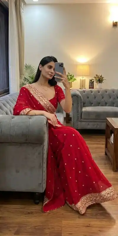 NC 5544 Red Color with Sequins & Embroidery Work Georgette Saree . Festive Deal ₹1949. Delivery 4-6 Working Days. Shop now. | Bollywood Sarees, Creative Sarees, Designer Sarees, Embroidered Sarees, Ethnic Saree, Modern Digital sarees, Party Wear Sarees, Sarees