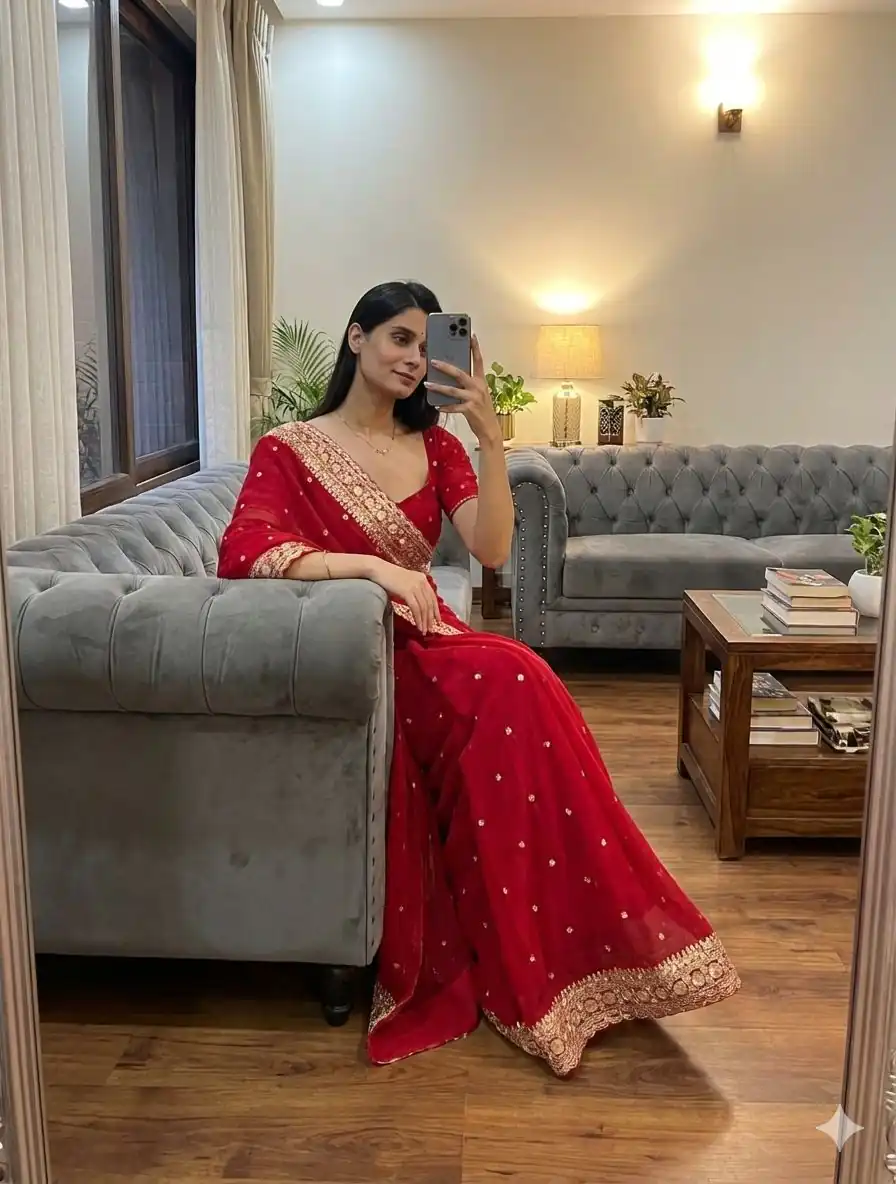 NC 5544 Red Color with Sequins & Embroidery Work Georgette Saree . Festive Deal ₹1949. Delivery 4-6 Working Days. Shop now. | Bollywood Sarees, Creative Sarees, Designer Sarees, Embroidered Sarees, Ethnic Saree, Modern Digital sarees, Party Wear Sarees, Sarees