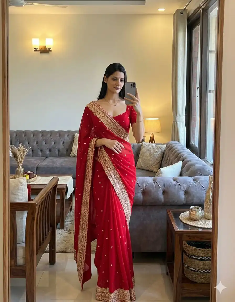 NC 5544 Red Color with Sequins & Embroidery Work Georgette Saree . Festive Deal ₹1949. Delivery 4-6 Working Days. Shop now. | Bollywood Sarees, Creative Sarees, Designer Sarees, Embroidered Sarees, Ethnic Saree, Modern Digital sarees, Party Wear Sarees, Sarees