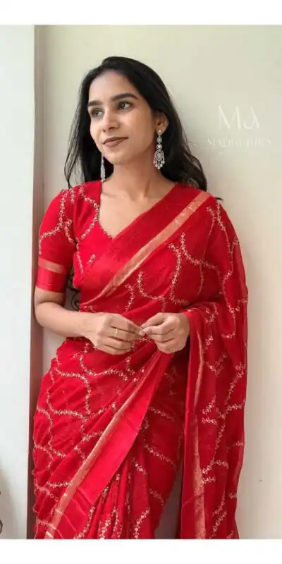 MS 505 Red Viscose Satin Saree with Sequins Work & Embroidery Work. Special Price ₹1599. Delivery 4-6 Working Days. Shop now. | Bollywood Sarees, Creative Sarees, Designer Sarees, Embroidered Sarees, Ethnic Saree, Modern Digital sarees, Party Wear Sarees, Sarees