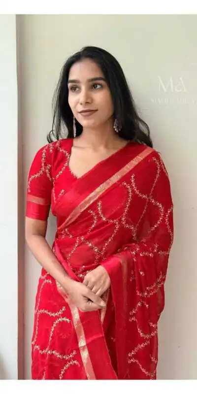 MS 505 Red Viscose Satin Saree with Sequins Work & Embroidery Work. Special Price ₹1599. Delivery 4-6 Working Days. Shop now. | Bollywood Sarees, Creative Sarees, Designer Sarees, Embroidered Sarees, Ethnic Saree, Modern Digital sarees, Party Wear Sarees, Sarees