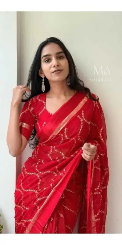 MS 505 Red Viscose Satin Saree with Sequins Work & Embroidery Work. Special Price ₹1599. Delivery 4-6 Working Days. Shop now. | Bollywood Sarees, Creative Sarees, Designer Sarees, Embroidered Sarees, Ethnic Saree, Modern Digital sarees, Party Wear Sarees, Sarees