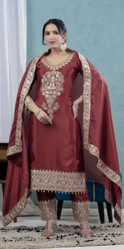 ND 5034 Rust Chinon Silk Salwar Suit with Lace Work & Embroidery Work. Best Price ₹2099. Delivery 4-6 Working Days. Shop now. | Jump Suits, Straight Suits, Tops & Bottoms, Track Suits, Trendy Wear, Casual Suits, Creative suits, Designer Suits, Palazzo Suits, Party Wear Suits, Patiala Suits, Salwar suit