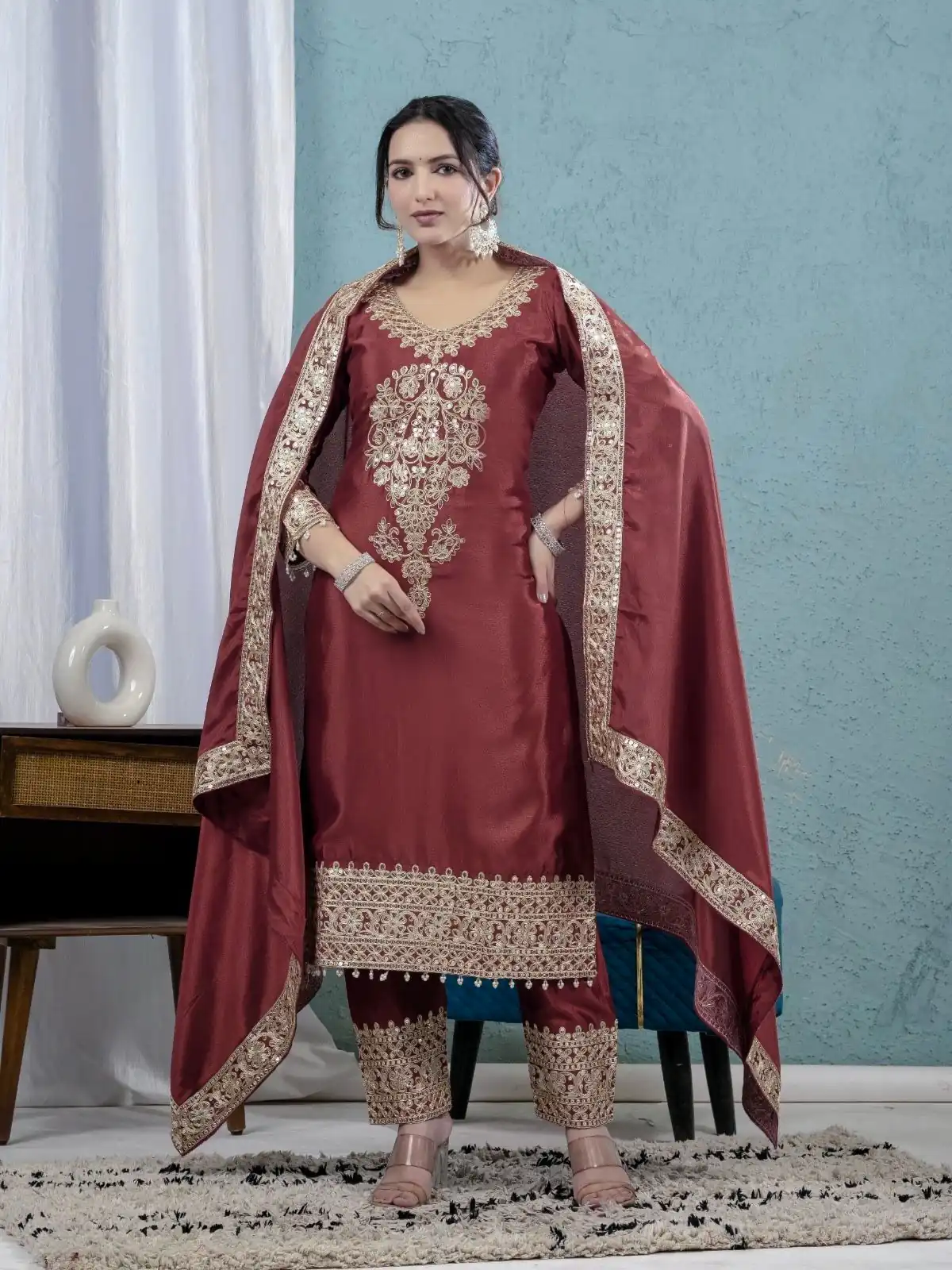 ND 5034 Rust Chinon Silk Salwar Suit with Lace Work & Embroidery Work. Best Price ₹2099. Delivery 4-6 Working Days. Shop now. | Jump Suits, Straight Suits, Tops & Bottoms, Track Suits, Trendy Wear, Casual Suits, Creative suits, Designer Suits, Palazzo Suits, Party Wear Suits, Patiala Suits, Salwar suit
