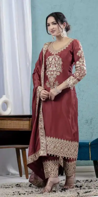 ND 5034 Rust Chinon Silk Salwar Suit with Lace Work & Embroidery Work. Best Price ₹2099. Delivery 4-6 Working Days. Shop now. | Jump Suits, Straight Suits, Tops & Bottoms, Track Suits, Trendy Wear, Casual Suits, Creative suits, Designer Suits, Palazzo Suits, Party Wear Suits, Patiala Suits, Salwar suit