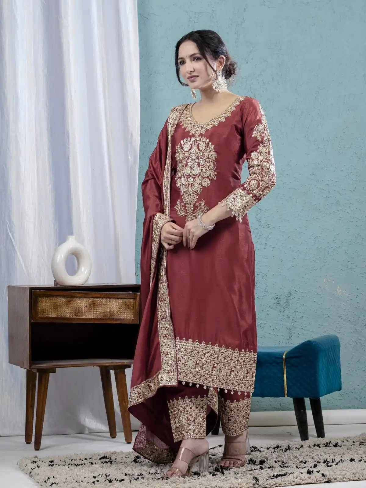 ND 5034 Rust Chinon Silk Salwar Suit with Lace Work & Embroidery Work. Best Price ₹2099. Delivery 4-6 Working Days. Shop now. | Jump Suits, Straight Suits, Tops & Bottoms, Track Suits, Trendy Wear, Casual Suits, Creative suits, Designer Suits, Palazzo Suits, Party Wear Suits, Patiala Suits, Salwar suit