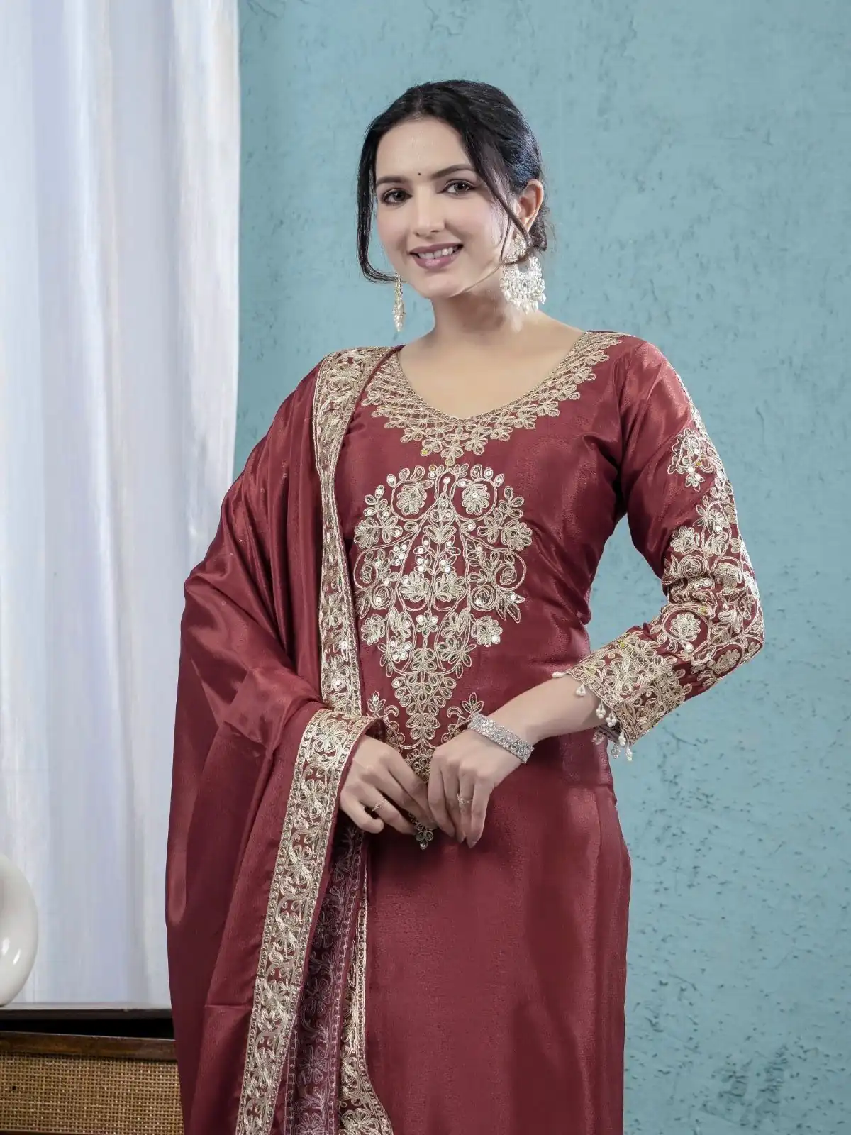 ND 5034 Rust Chinon Silk Salwar Suit with Lace Work & Embroidery Work. Best Price ₹2099. Delivery 4-6 Working Days. Shop now. | Jump Suits, Straight Suits, Tops & Bottoms, Track Suits, Trendy Wear, Casual Suits, Creative suits, Designer Suits, Palazzo Suits, Party Wear Suits, Patiala Suits, Salwar suit