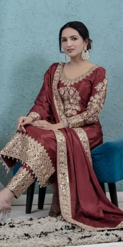 ND 5034 Rust Chinon Silk Salwar Suit with Lace Work & Embroidery Work. Best Price ₹2099. Delivery 4-6 Working Days. Shop now. | Jump Suits, Straight Suits, Tops & Bottoms, Track Suits, Trendy Wear, Casual Suits, Creative suits, Designer Suits, Palazzo Suits, Party Wear Suits, Patiala Suits, Salwar suit