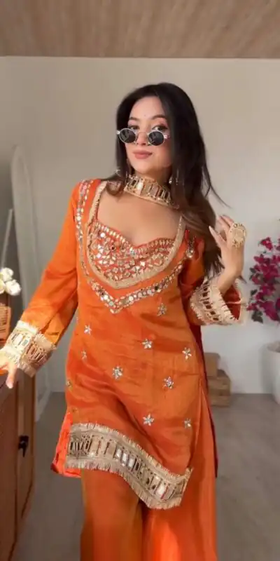 SRK 5326 Rust Fendy Silk Salwar Suit with Mirror Work & Lace Work. Affordable Price ₹2399. Delivery 4-6 Working Days. Shop now. | Jump Suits, Straight Suits, Casual Suits, Creative suits, Designer Suits, Palazzo Suits, Party Wear Suits, Patiala Suits, Salwar suit