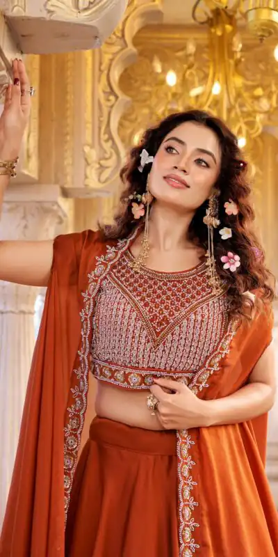 Ram 155 Rust in Color Rangoli Silk Embroidery Work Lehenga Choli . Exclusive Offer ₹3249. Delivery 4-6 Working Days. Shop now. | Bollywood Lehenga, Creative Lehenga, Designer Lehenga, Embroidered Lehenga, Lehenga, Party Wear Lehenga