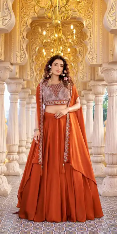 Ram 155 Rust in Color Rangoli Silk Embroidery Work Lehenga Choli . Exclusive Offer ₹3249. Delivery 4-6 Working Days. Shop now. | Bollywood Lehenga, Creative Lehenga, Designer Lehenga, Embroidered Lehenga, Lehenga, Party Wear Lehenga