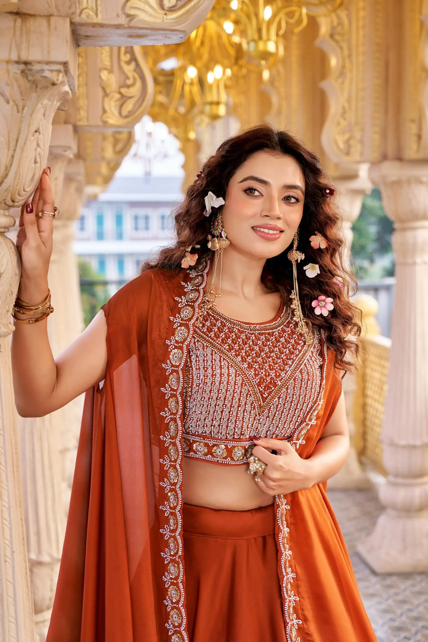 Ram 155 Rust in Color Rangoli Silk Embroidery Work Lehenga Choli . Exclusive Offer ₹3249. Delivery 4-6 Working Days. Shop now. | Bollywood Lehenga, Creative Lehenga, Designer Lehenga, Embroidered Lehenga, Lehenga, Party Wear Lehenga