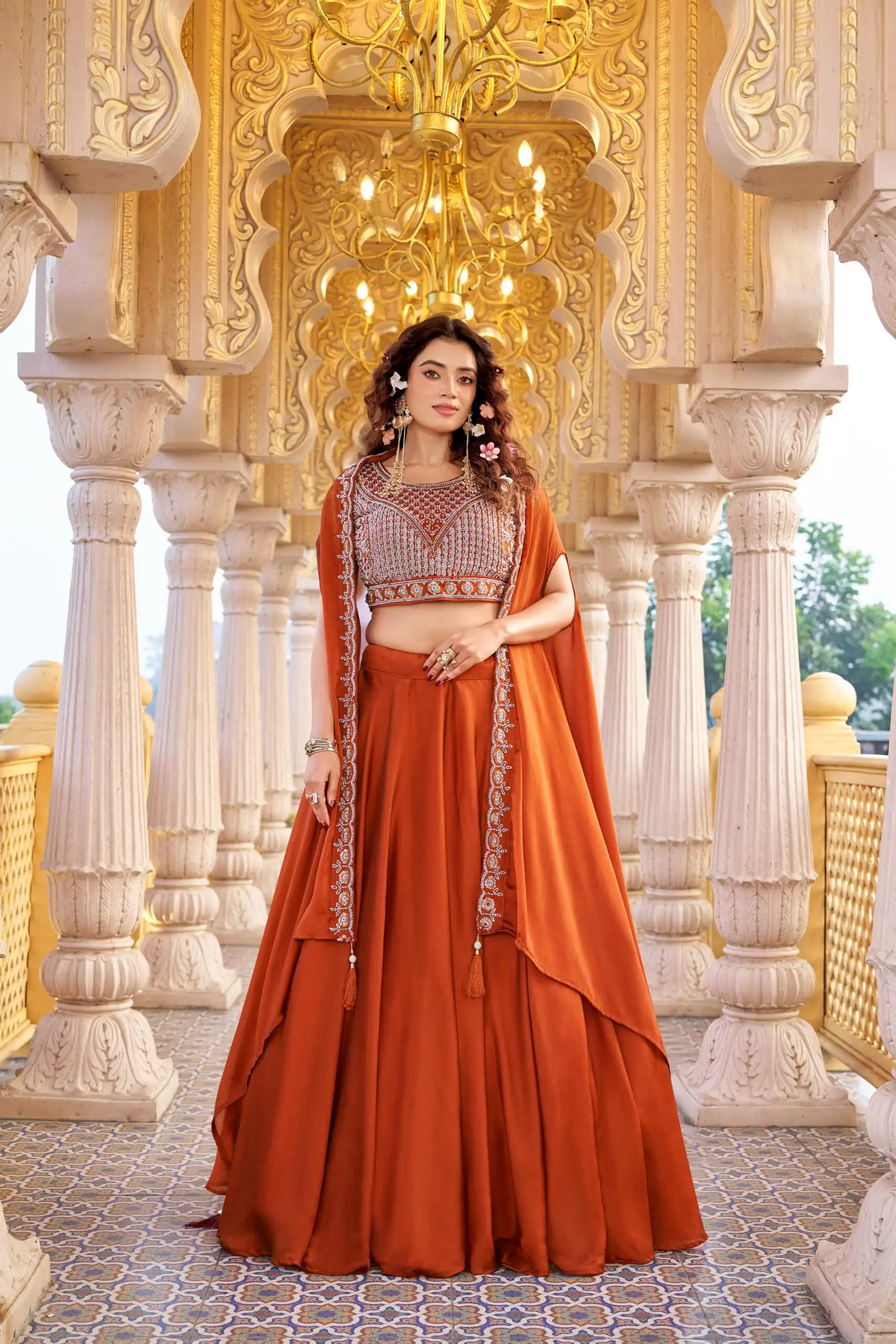 Ram 155 Rust in Color Rangoli Silk Embroidery Work Lehenga Choli . Exclusive Offer ₹3249. Delivery 4-6 Working Days. Shop now. | Bollywood Lehenga, Creative Lehenga, Designer Lehenga, Embroidered Lehenga, Lehenga, Party Wear Lehenga