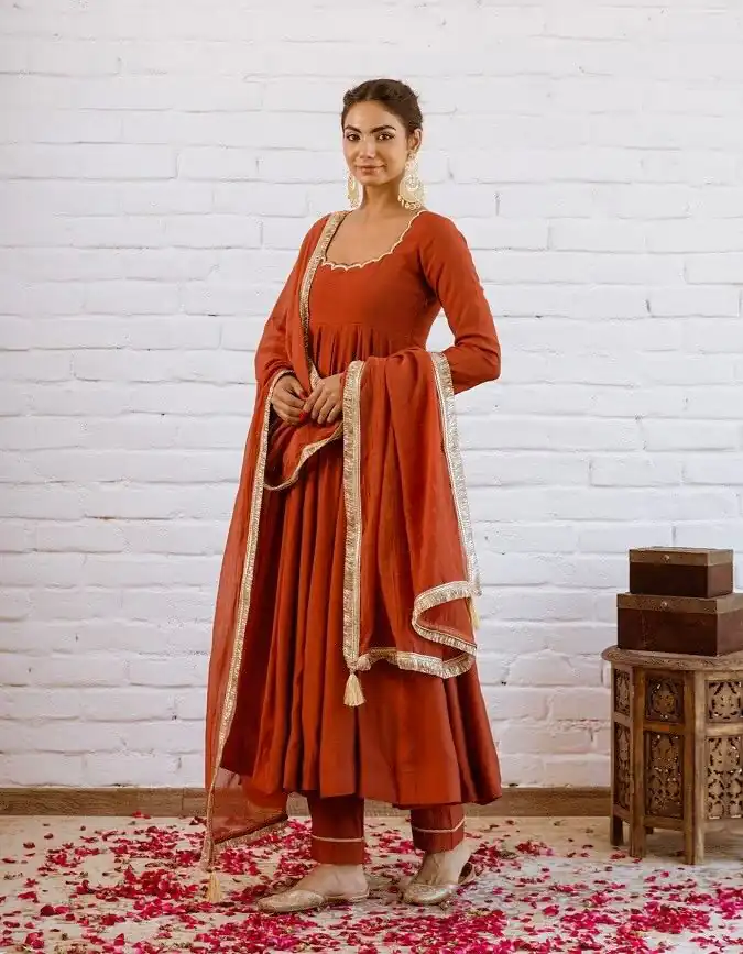 SRk 5324 Rust Color Vichitra silk Gown with Bead Work & Lace Work. Now at just ₹1849. Delivery 4-6 Working Days. Shop now. | Bollywood Gowns, Creative Gowns, Designer Gowns, Embroidered Gowns, Gowns, Party Wear Gowns