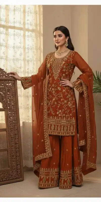 BE 447 Rust Color Zimmy Choo Salwar Suit with Embroidery Work. Online Get it for ₹2399. Delivery 4-6 Working Days. Shop now. | Jump Suits, Straight Suits, Casual Suits, Creative suits, Designer Suits, Palazzo Suits, Party Wear Suits, Patiala Suits, Salwar suit