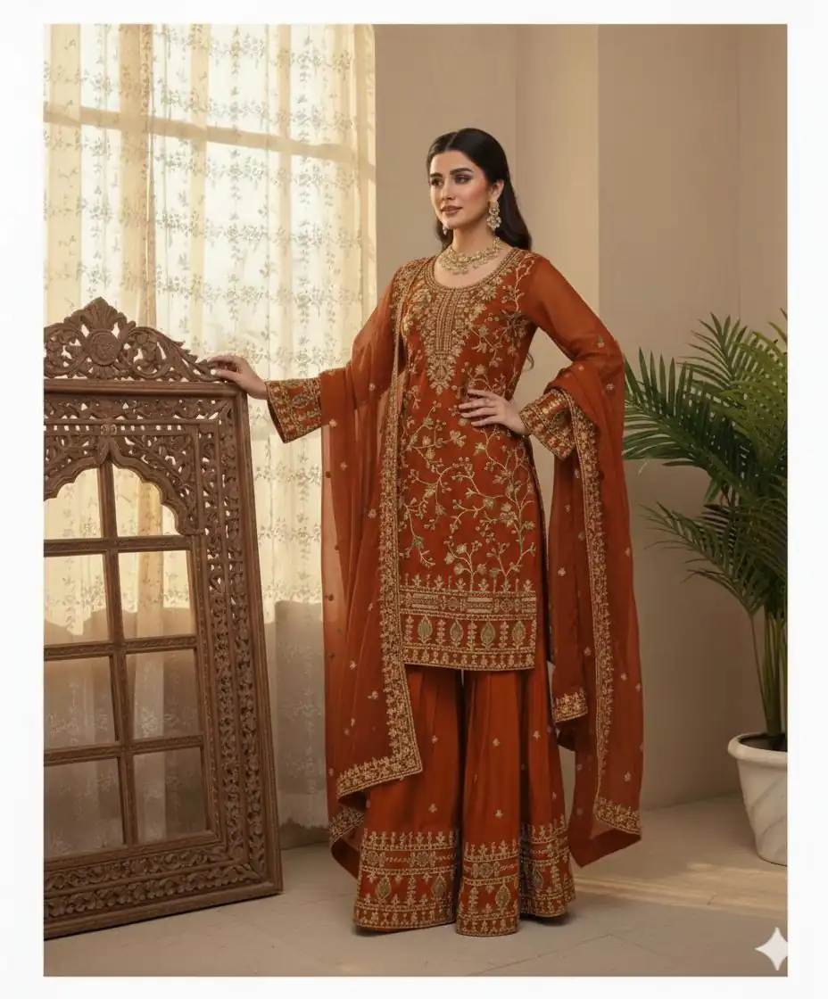 BE 447 Rust Color Zimmy Choo Salwar Suit with Embroidery Work. Online Get it for ₹2399. Delivery 4-6 Working Days. Shop now. | Jump Suits, Straight Suits, Casual Suits, Creative suits, Designer Suits, Palazzo Suits, Party Wear Suits, Patiala Suits, Salwar suit
