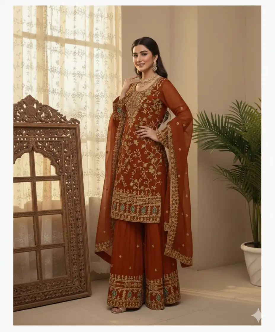 BE 447 Rust Color Zimmy Choo Salwar Suit with Embroidery Work. Online Get it for ₹2399. Delivery 4-6 Working Days. Shop now. | Jump Suits, Straight Suits, Casual Suits, Creative suits, Designer Suits, Palazzo Suits, Party Wear Suits, Patiala Suits, Salwar suit