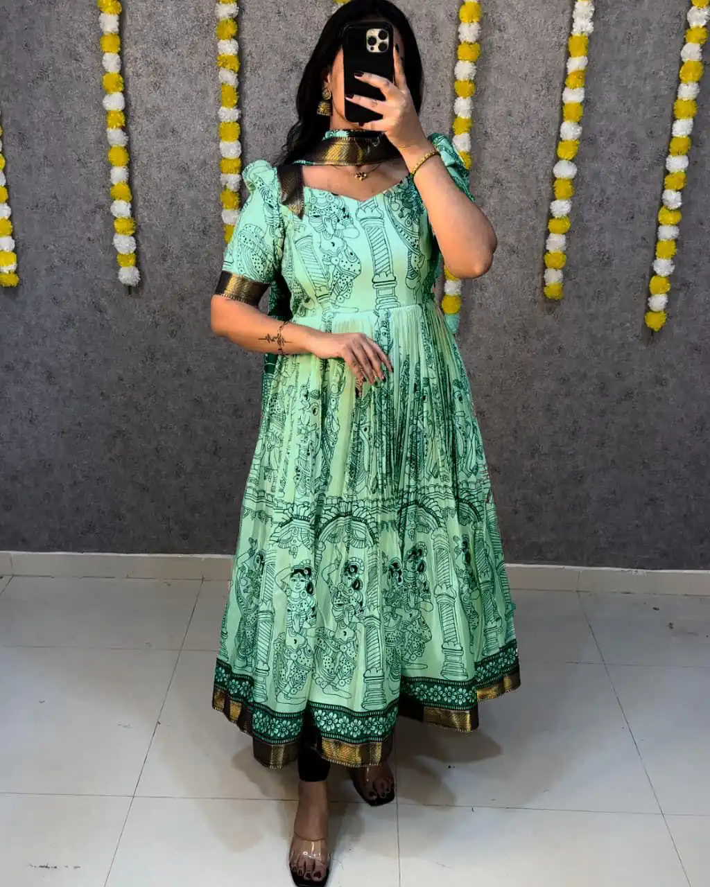 MF 666 Sea Green Malai Satin Gown with Digital Print & Kalamkari Print. Now at just ₹1499. Delivery 4-6 Working Days. Shop now. | Bollywood Gowns, Creative Gowns, Designer Gowns, Embroidered Gowns, Gowns, Party Wear Gowns