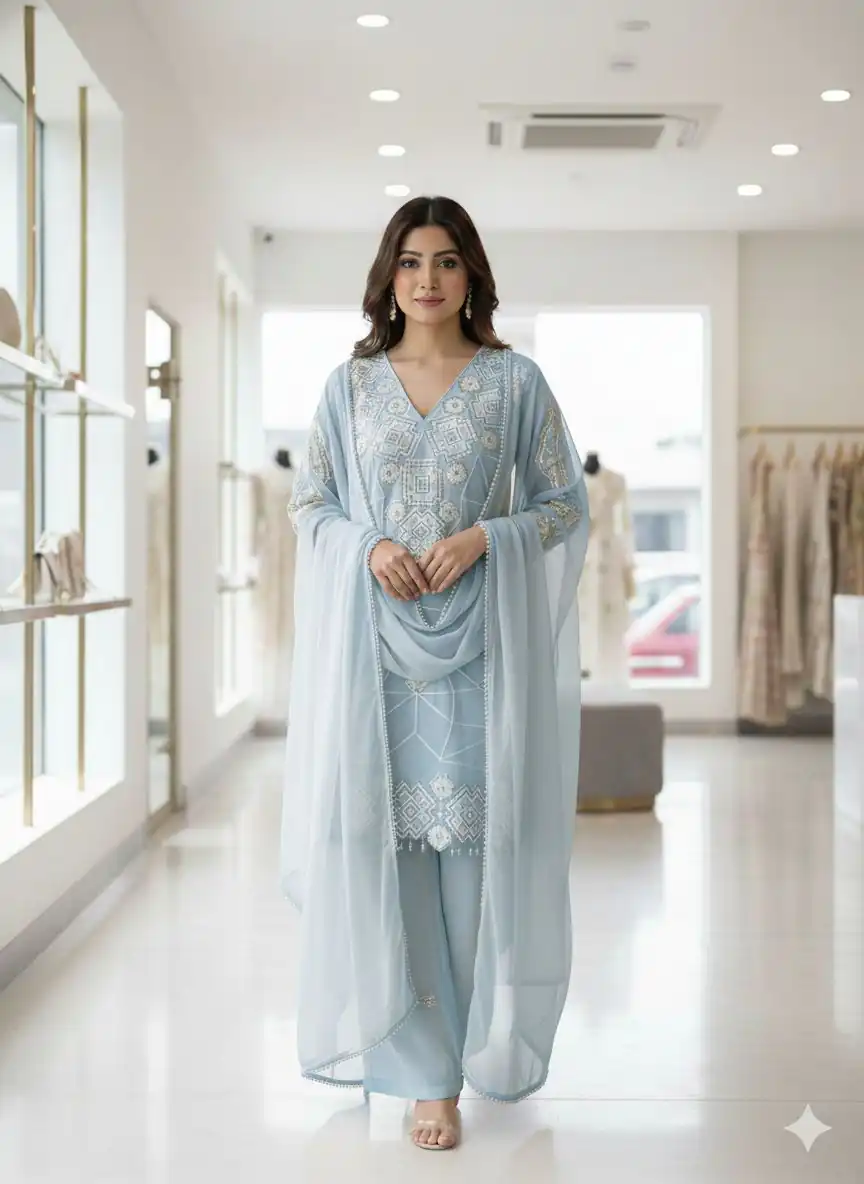 LG 2063 Sky Blue Faux Georgette Salwar Suit with Sequins Work & Embroidery Work. Introductory Price ₹2149. Delivery 4-6 Working Days. Shop now. | Jump Suits, Straight Suits, Casual Suits, Creative suits, Designer Suits, Palazzo Suits, Party Wear Suits, Patiala Suits, Salwar suit