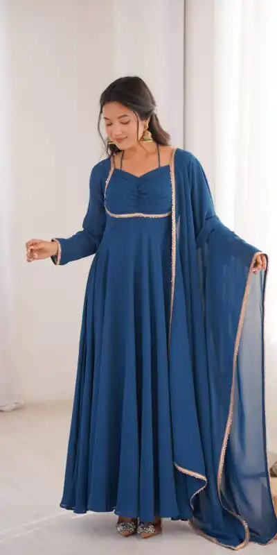 KB 291 Teal Color Fox Blooming Georgette Gown with Lace Work. Affordable Price ₹1899. Delivery 4-6 Working Days. Shop now. | Bollywood Gowns, Creative Gowns, Designer Gowns, Embroidered Gowns, Gowns, Party Wear Gowns