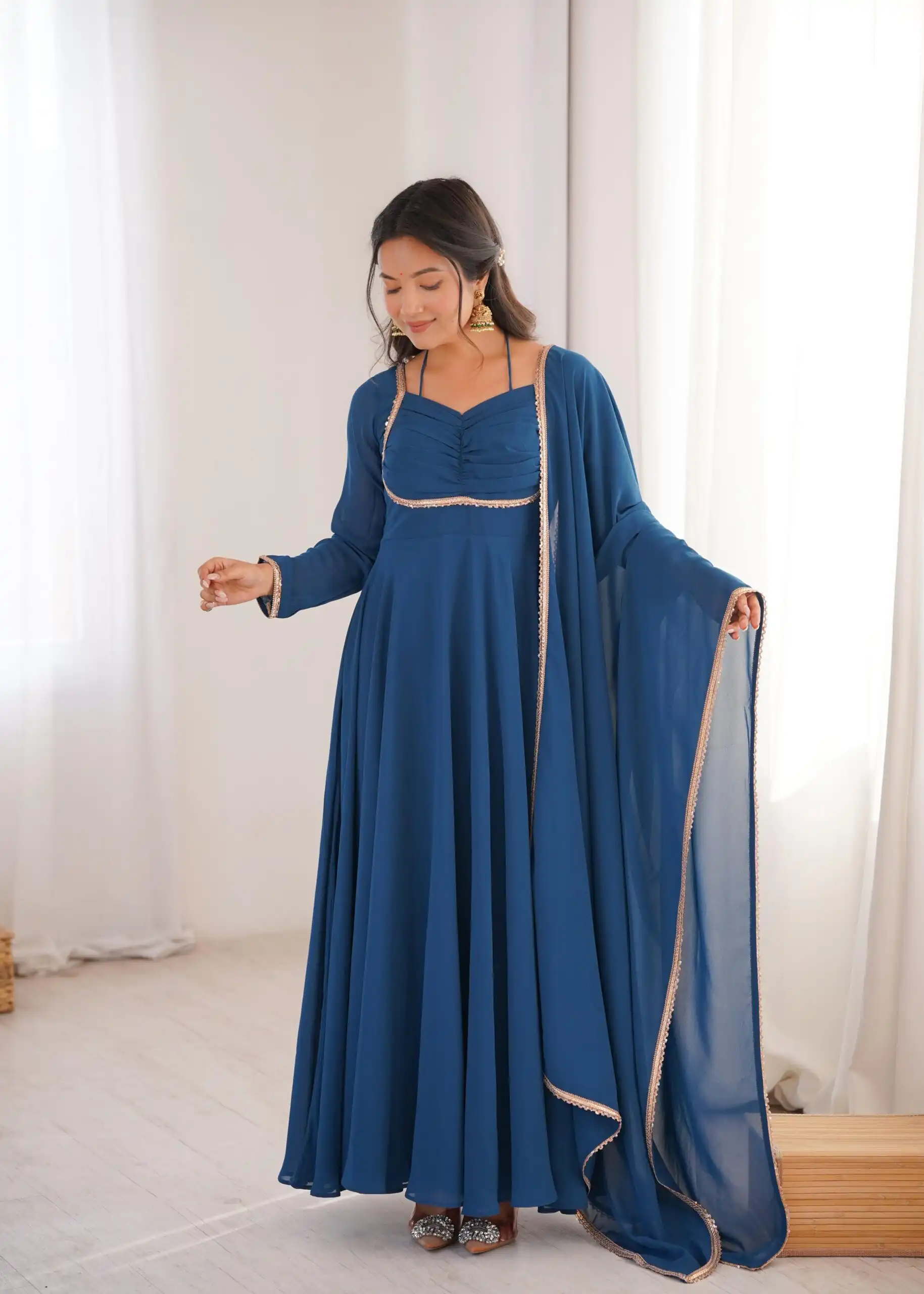 KB 291 Teal Color Fox Blooming Georgette Gown with Lace Work. Affordable Price ₹1899. Delivery 4-6 Working Days. Shop now. | Bollywood Gowns, Creative Gowns, Designer Gowns, Embroidered Gowns, Gowns, Party Wear Gowns