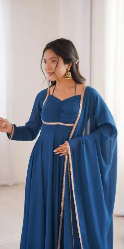 KB 291 Teal Color Fox Blooming Georgette Gown with Lace Work. Affordable Price ₹1899. Delivery 4-6 Working Days. Shop now. | Bollywood Gowns, Creative Gowns, Designer Gowns, Embroidered Gowns, Gowns, Party Wear Gowns