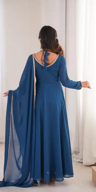 KB 291 Teal Color Fox Blooming Georgette Gown with Lace Work. Affordable Price ₹1899. Delivery 4-6 Working Days. Shop now. | Bollywood Gowns, Creative Gowns, Designer Gowns, Embroidered Gowns, Gowns, Party Wear Gowns