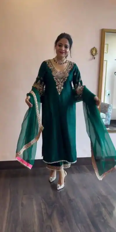 ST 170 Teal Green Cowrie Work & Embroidery Work Salwar Suit in Wine Vichitra Silk. Grab it for ₹2049. Delivery 4-6 Working Days. Shop now. | Jump Suits, Straight Suits, Casual Suits, Creative suits, Designer Suits, Palazzo Suits, Party Wear Suits, Patiala Suits, Salwar suit