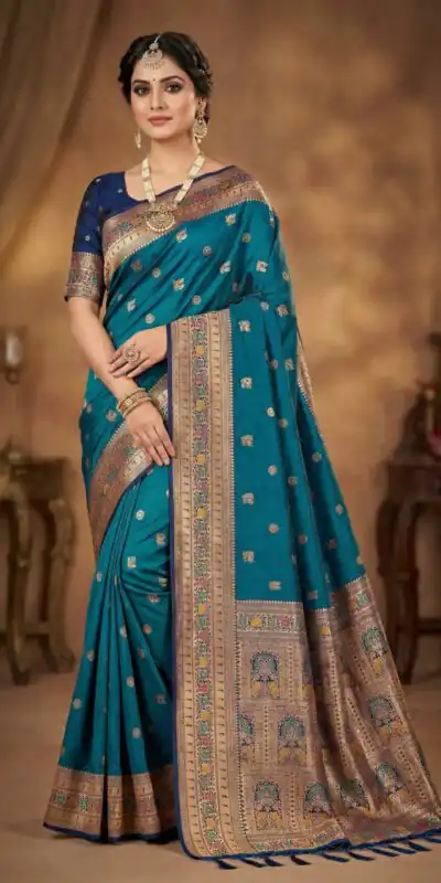 MB 18 Teal in Color Meenakari Zari Work & Lace Work Saree work. Exclusive Offer ₹2399. Delivery 4-6 Working Days. Shop now. | Bollywood Sarees, Creative Sarees, Designer Sarees, Embroidered Sarees, Ethnic Saree, Modern Digital sarees, Party Wear Sarees, Sarees
