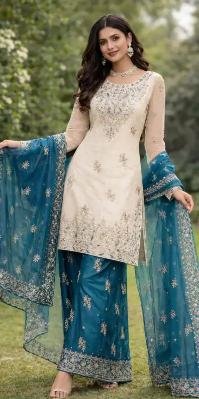 VLM 316 Teal Organza Silk with Embroidery Work & Lace Work. Salwar Suit Now at just ₹2049. Delivery 4-6 Working Days. Shop now. | Jump Suits, Straight Suits, Casual Suits, Creative suits, Designer Suits, Palazzo Suits, Party Wear Suits, Patiala Suits, Salwar suit