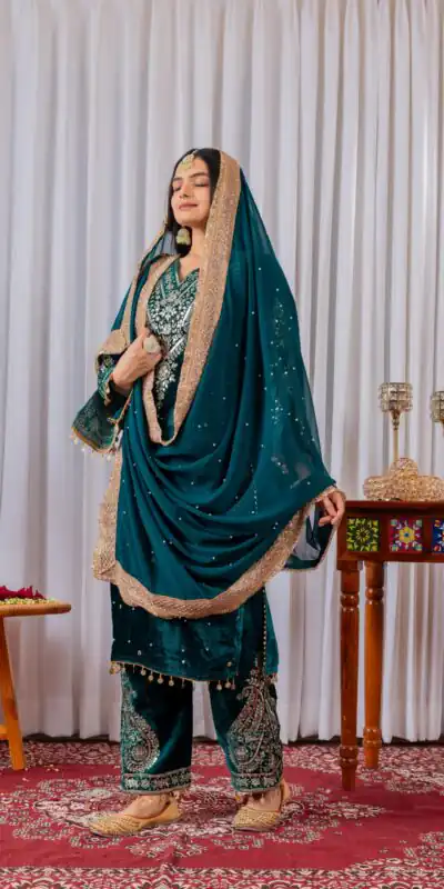 AD 134 Teal Color Heavy Pure Viscose Velvet Embroidery Sharara Suit Wedding, Party, Festive, Events Etc. Expected Delivery  4-6 Working Days @2099/- | Jump Suits, Straight Suits, Casual Suits, Creative suits, Designer Suits, Palazzo Suits, Party Wear Suits, Patiala Suits, Salwar suit
