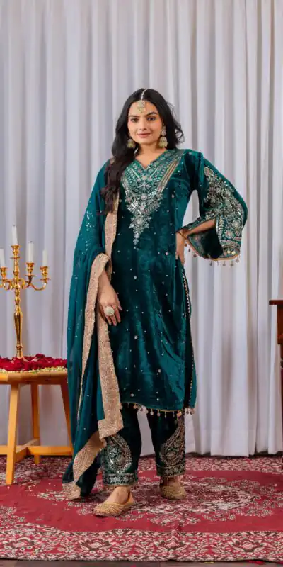 AD 134 Teal Color Heavy Pure Viscose Velvet Embroidery Sharara Suit Wedding, Party, Festive, Events Etc. Expected Delivery  4-6 Working Days @2099/- | Jump Suits, Straight Suits, Casual Suits, Creative suits, Designer Suits, Palazzo Suits, Party Wear Suits, Patiala Suits, Salwar suit