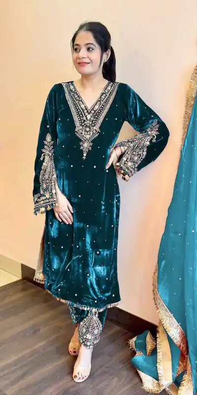 AD 134 Teal Color Heavy Pure Viscose Velvet Embroidery Sharara Suit Wedding, Party, Festive, Events Etc. Expected Delivery  4-6 Working Days @2099/- | Jump Suits, Straight Suits, Casual Suits, Creative suits, Designer Suits, Palazzo Suits, Party Wear Suits, Patiala Suits, Salwar suit