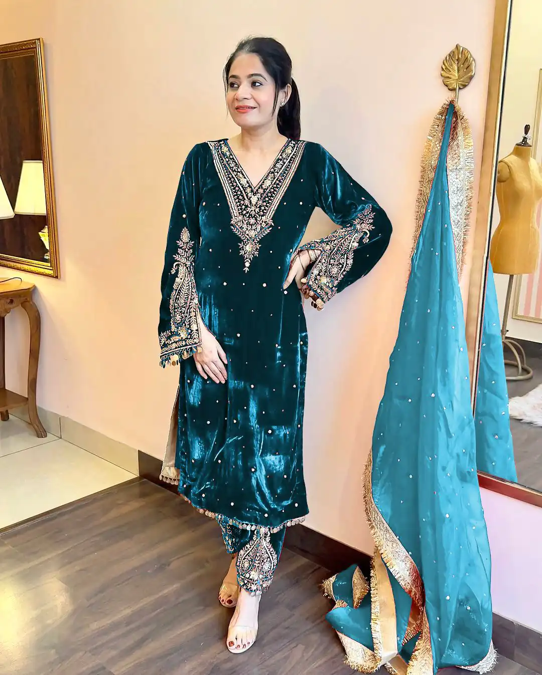 AD 134 Teal Color Heavy Pure Viscose Velvet Embroidery Sharara Suit Wedding, Party, Festive, Events Etc. Expected Delivery  4-6 Working Days @2099/- | Jump Suits, Straight Suits, Casual Suits, Creative suits, Designer Suits, Palazzo Suits, Party Wear Suits, Patiala Suits, Salwar suit