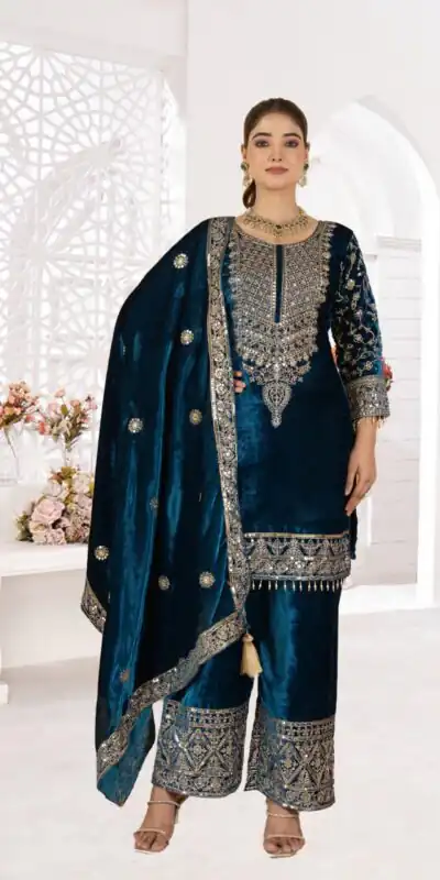NF 1231 Teal Viscose Velvet Salwar Suit. Perfect for Wedding, Party, Traditional Day, Baisakhi, Eid – Available at ₹2399 only. Delivery 4-6 Workin | Jump Suits, Straight Suits, Casual Suits, Creative suits, Designer Suits, Palazzo Suits, Party Wear Suits, Patiala Suits, Salwar suit