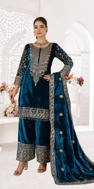 NF 1231 Teal Viscose Velvet Salwar Suit. Perfect for Wedding, Party, Traditional Day, Baisakhi, Eid – Available at ₹2399 only. Delivery 4-6 Workin | Jump Suits, Straight Suits, Casual Suits, Creative suits, Designer Suits, Palazzo Suits, Party Wear Suits, Patiala Suits, Salwar suit